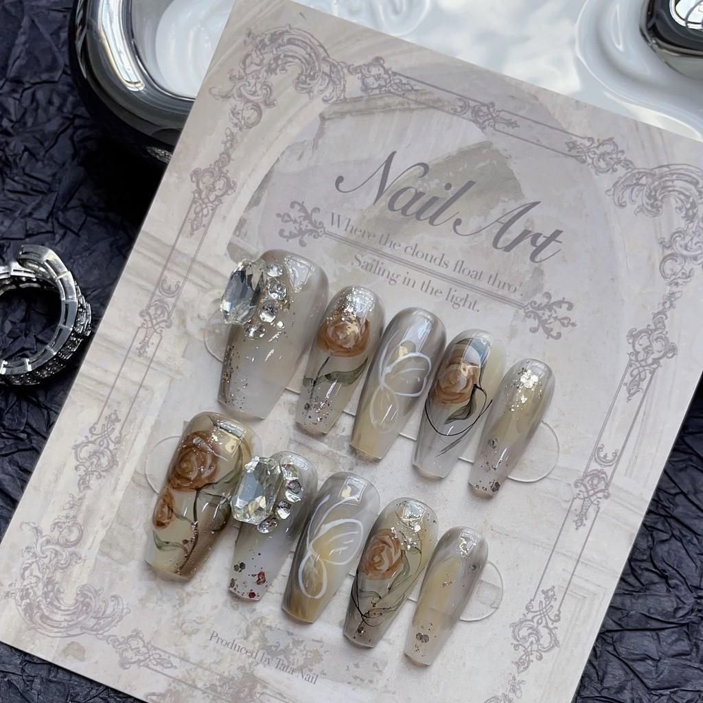 

Набор накладных ногтей ручной работы в форме гроба с клеем, осенняя световая живопись, экран, художественная концепция, чернила, пионы, новый китайский стиль, накладные ногти XS