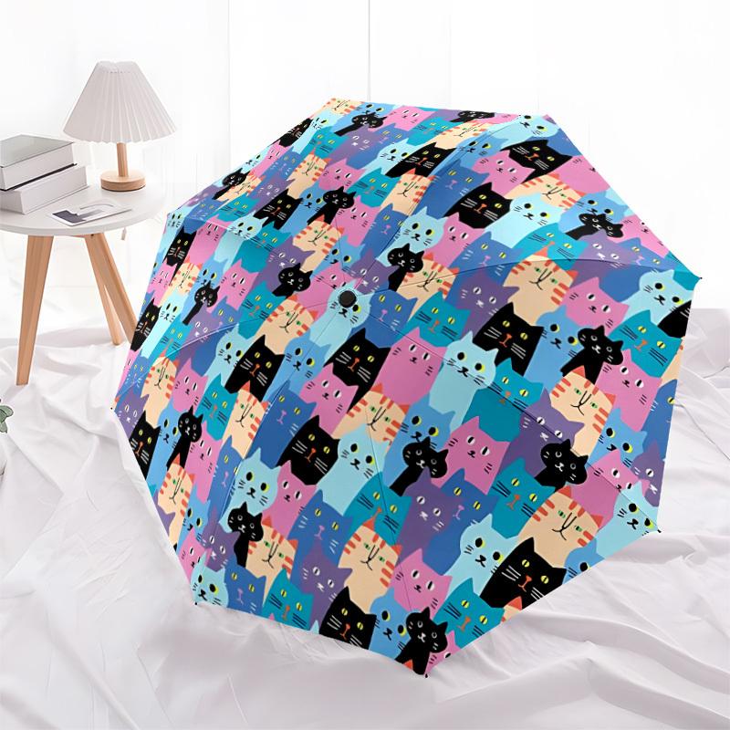 1pc Colorful Cats Pattern Automatic Open/Close Umbrella, Umbrella with cartoon Design, Portable Compact Umbrella for Men & Women, Good Holid