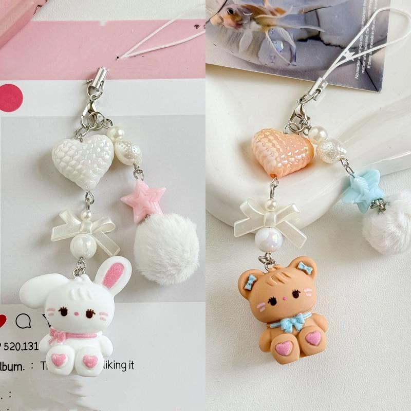 Niedlicher Hase Kätzchen Bär Anhänger Schlüsselanhänger Flauschige Kugel Schleife Perle Handykette Anti-Verlust Lanyard Kawaii Taschenanhänger Geschenk
