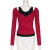 2025 Spring Autumn Vintage Short Top Sexy Color Block Fake Two-piece Long Sleeve T-shirt for Women Casual Slim Lace Splicing Red Crop Tops Female