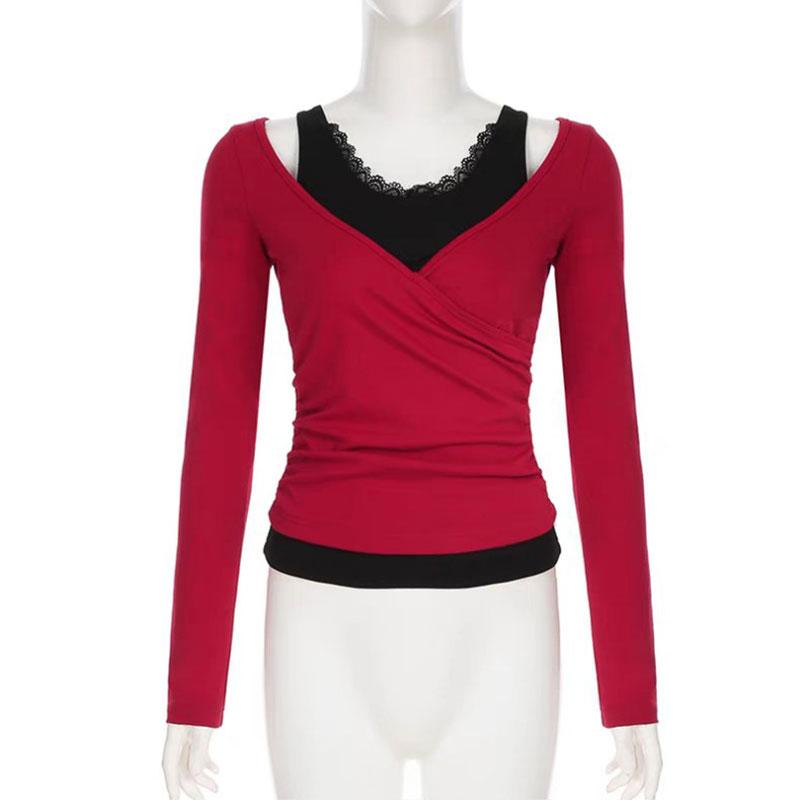 2025 Spring Autumn Vintage Short Top Sexy Color Block Fake Two-piece Long Sleeve T-shirt for Women Casual Slim Lace Splicing Red Crop Tops Female