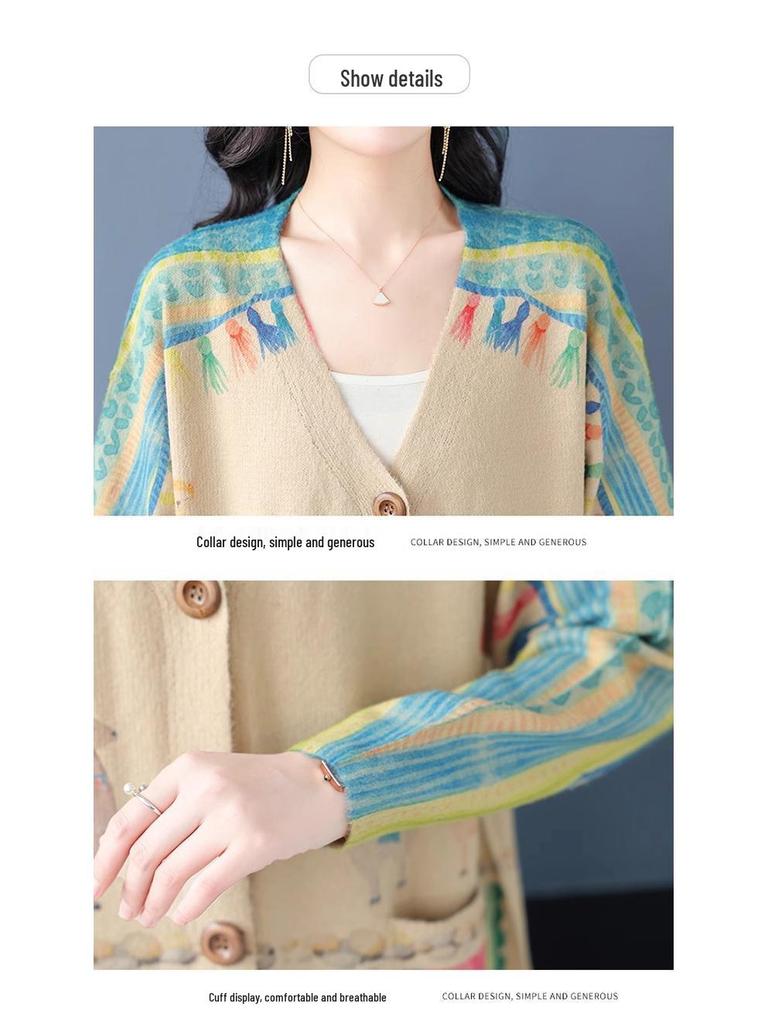 2024 Autumn/Winter V-Neck Mink Velvet Printed Loose Casual Single-breasted Coat