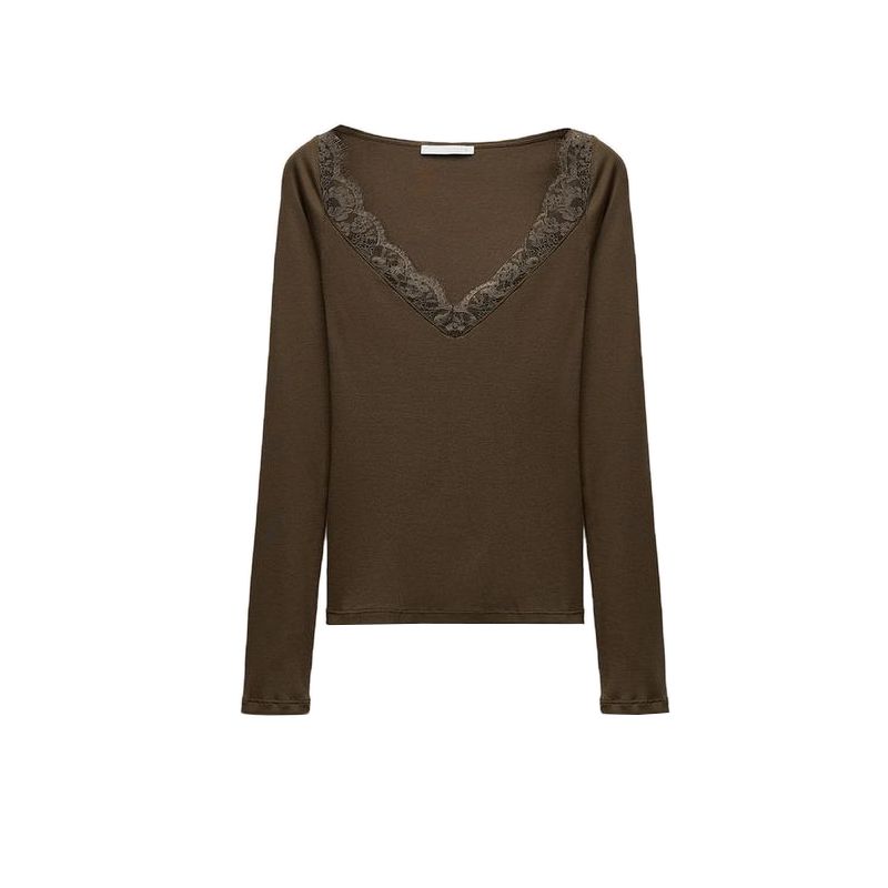 Spring New Women's Clothing Pure Desire Style V Neck Long Sleeves Multi-Color Selection Lace Decorative Cotton Rib T-shirt 5644314