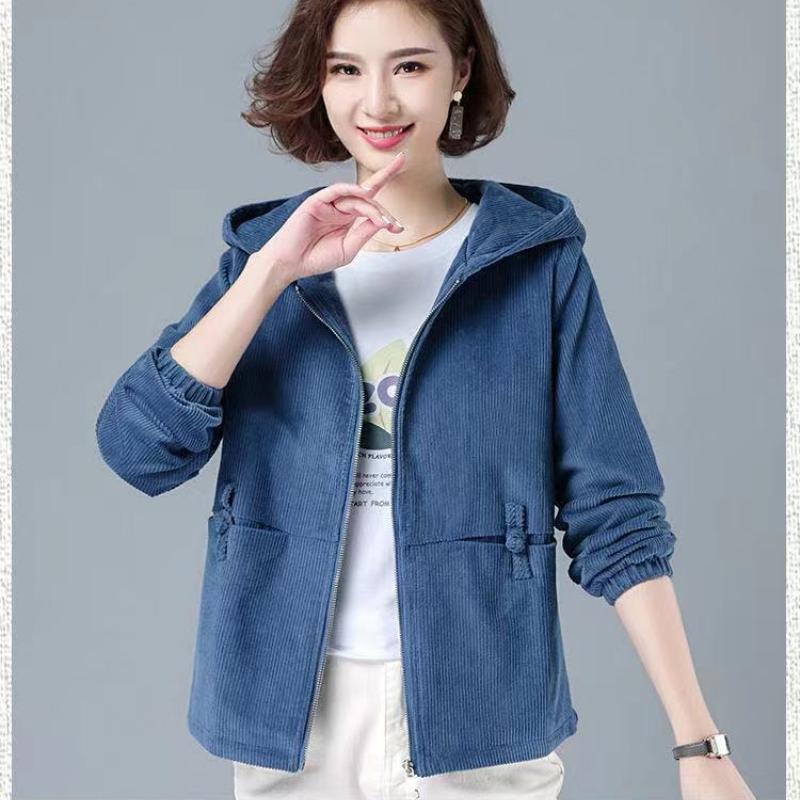 Women's Autumn Jackets Solid Color Hooded Long Sleeve Coat Corduroy Zipper Fashion Ladies Tops Dropshipping
