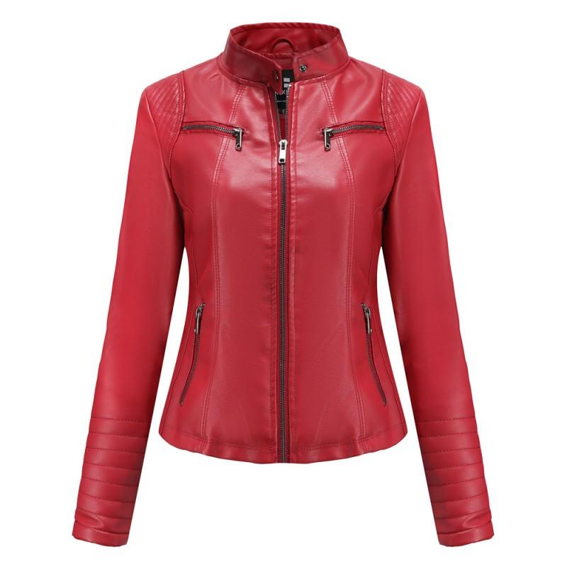 Womens PU Leather Moto Jacket Short Fit Stand Collar Casual Chic Biker Style Lightweight