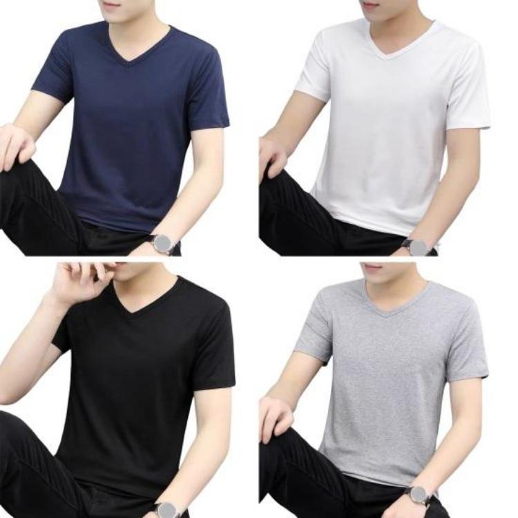Slim Fit V Neck Casual Men T-shirt Short Sleeve Pullover Solid Color Ice Silk Youthful Style Daily Wear