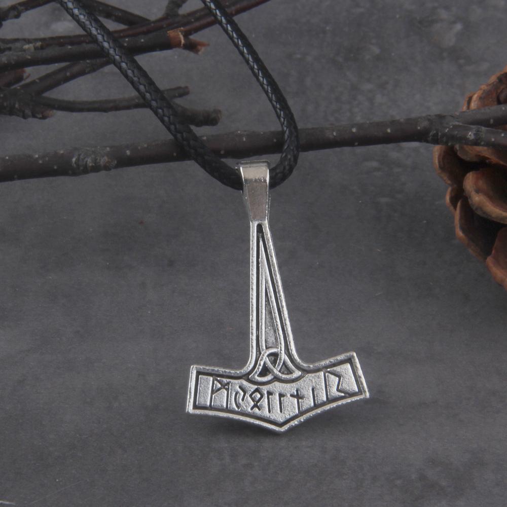 Viking Jewelry Antique Silver Thor Hammer Pendant Necklace with Cotton Chain Rune