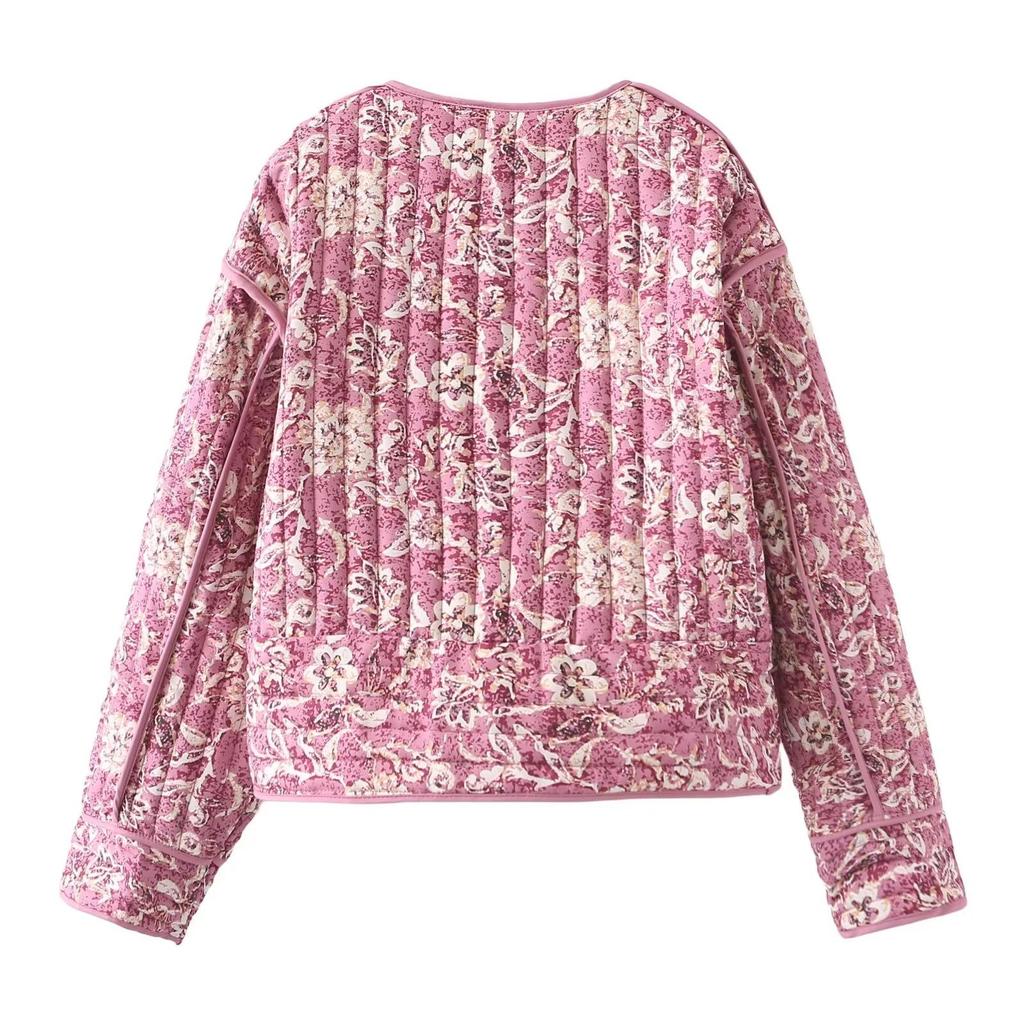 European & American Women's Floral Cotton Cardigan Jacket with Round Neck