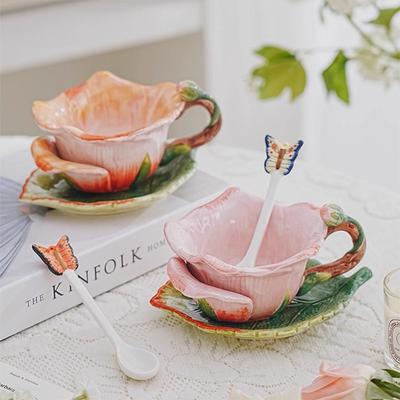 Creative Rose-shaped Ceramic Coffee Mug and Saucer Afternoon Tea Cup Floral Tea Cup Exquisite Flower-shaped Breakfast Milk Mug