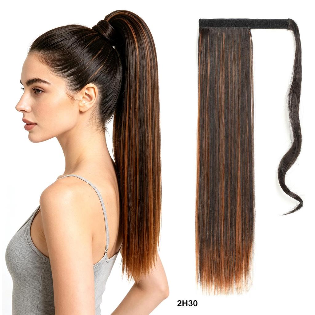 Synthetic Straight Ponytail Hair Extension With Velcro Wrap Design, 60cm Long Sleek Wrap Around Ponytail For Women Girls