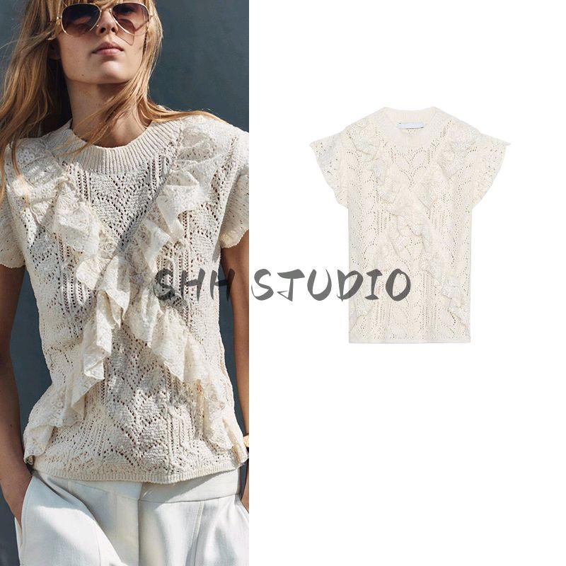 Spring and Summer New Women's Clothing Round Neck Short Sleeve Laminated Decoration Jacquard Mesh Fabric Knitting Tops 6236110