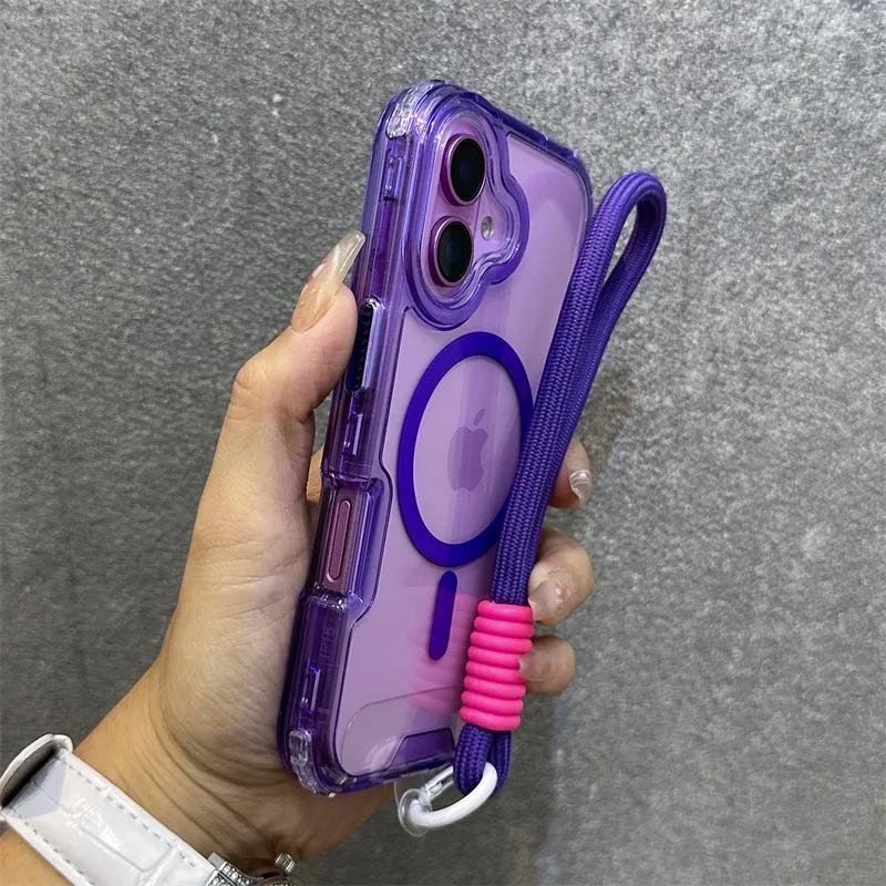 

for Magsafe Transparent Wrist Strap Case for iPhone 16 15 14 17 Pro Max Plus 12 13 11 17 Air Lanyard Armor Hard Shockproof Cover for iPhone 12 Pro