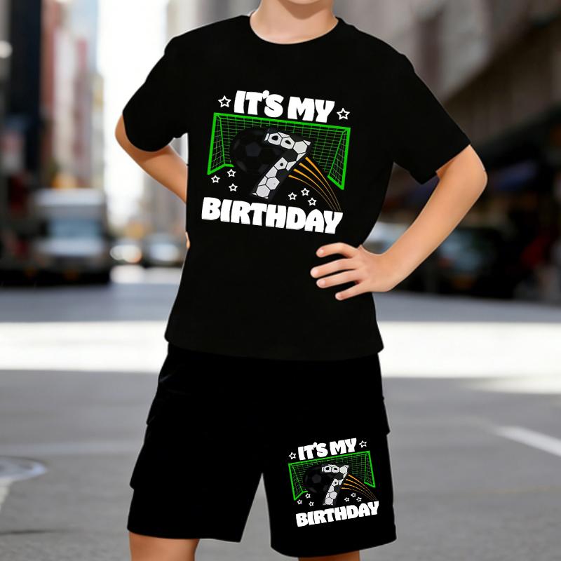 

Boys 2 Piece Football Birthday Party Printed Outfit, Short Sleeve T-Shirt and Shorts Set for Kids Age 5-14,white,Black Sporty Casual Summer Clothes 5-6 Years чёрный