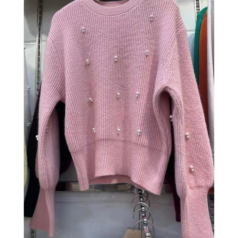 

Soft and Glutinous Round Neck Pullover Pearl Sweater 2025 Autumn Winter French Base Knitted Sweater Top OneSize розовый