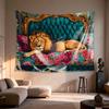 Lion Resting On Ornate Floral Couch Digital Printing Polyester Wall Tapestry Suitable for Use In Living Rooms Offices Bars Party