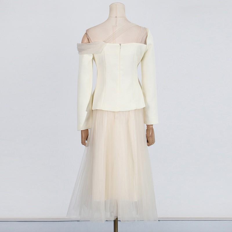 Niche Design Temperament Sloping Shoulders Waist Top With Lace Mesh Skirt Suit Women