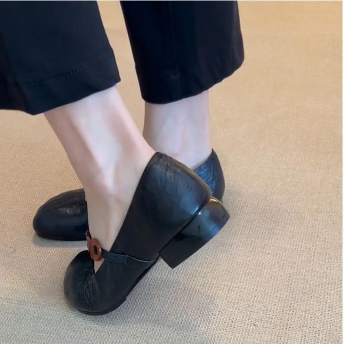 Leather French retro round head thick heel single shoes women's autumn new one-word with shallow mouth Mary Jane shoes ballet shoes