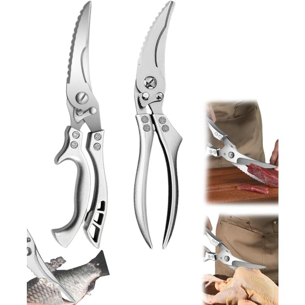 Stainless steel bone shears, heavy-duty kitchen shears, for cutting bones, poultry shears with spring-loaded handles, multi-functional shears. Pack of 2