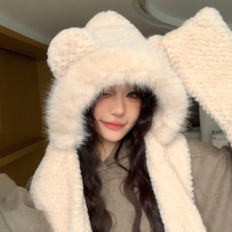 Bear plush hat scarf integrated women's winter cute autumn and winter three-piece set winter warm new