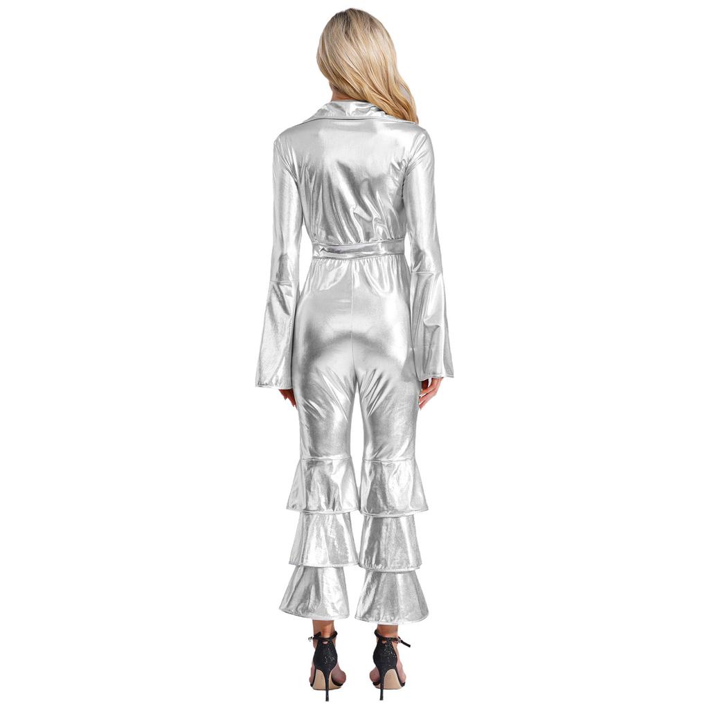 Dámský disco outfit 70. léta ples třpytivá rozšířená kombinéza párty kostým Halloween cosplay klubové oblečení