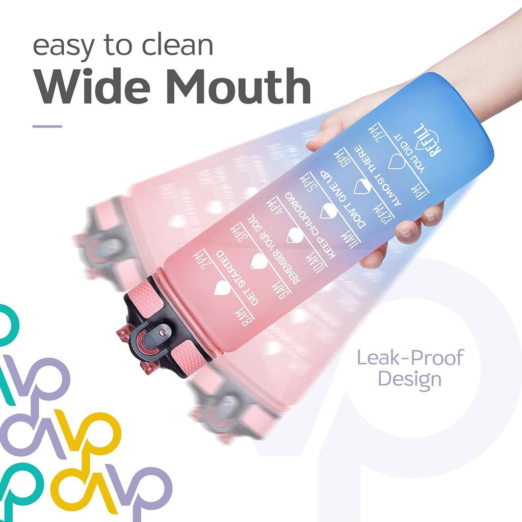 32oz/1000ml Motivational Fitness Sports Water Bottle With Time Marker & Straw, Large Wide Mouth Leakproof Durable