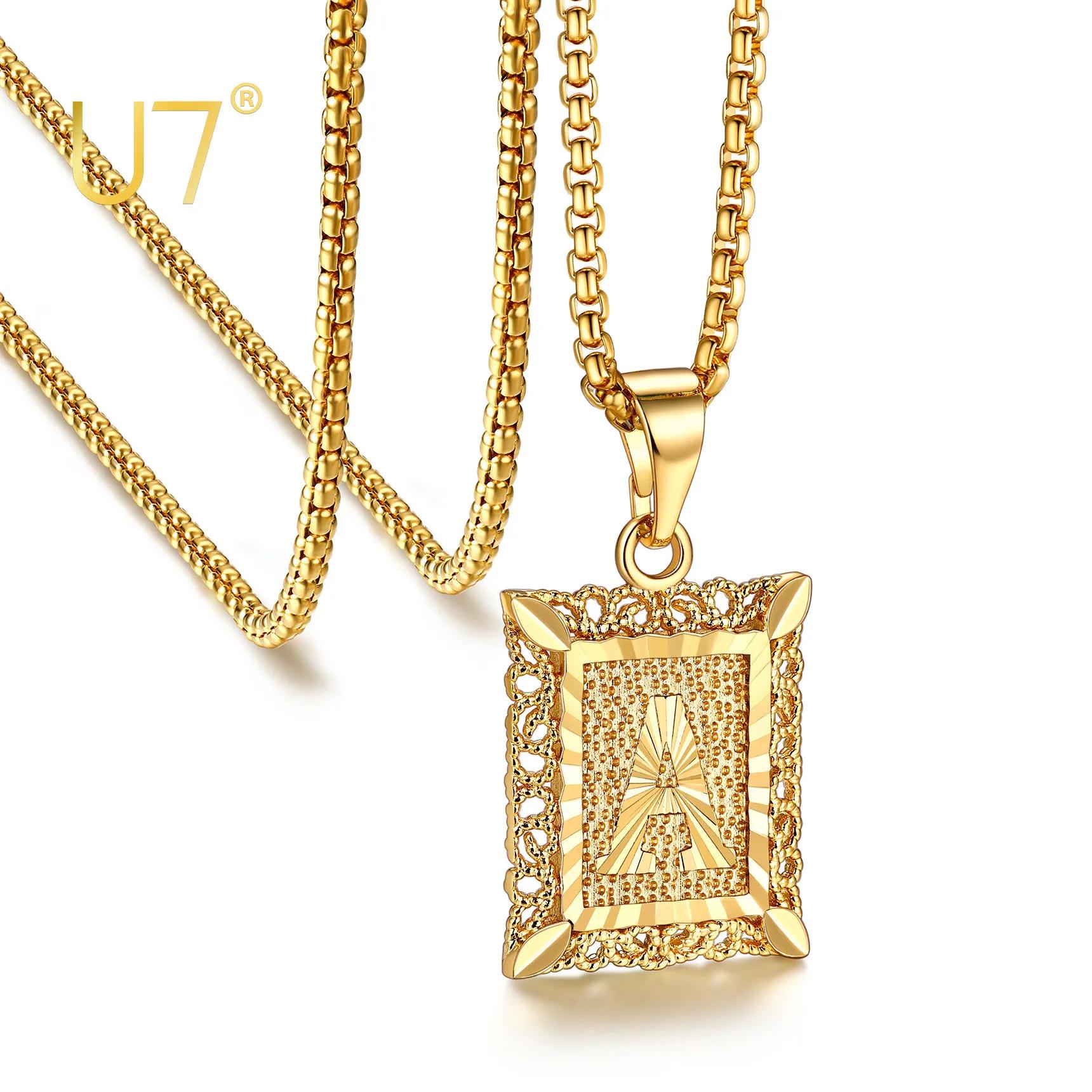 

U7 Initial Necklace for Women Men Vintage Filigree Square Monogram Pendant Alphabets 26 A-Z Letter Name Jewelry 22 Box Chain 60CM