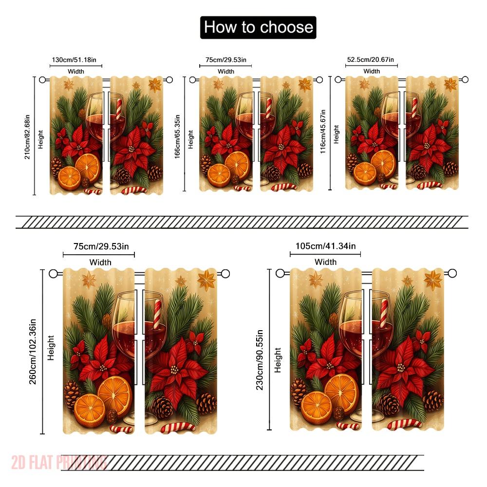 2pcs,2D Plane Printing Popular Curtain Panels Christmas Cozy Wine Pinecone Poinsettia (4) Versatile Polyester (without Rod)