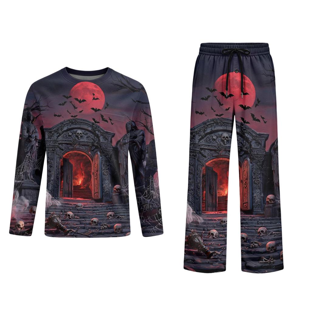 Men's Halloween Pajama Set Long Sleeve with Buttoned Crotch and Elastic Drawstring Waist Sleepwear