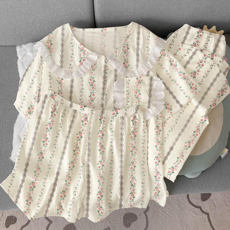 High-Value Retro Flower Sweet Cloud Cotton Pajamas Women'S Summer Doll Collar Lace Loungewear Three-Piece Set