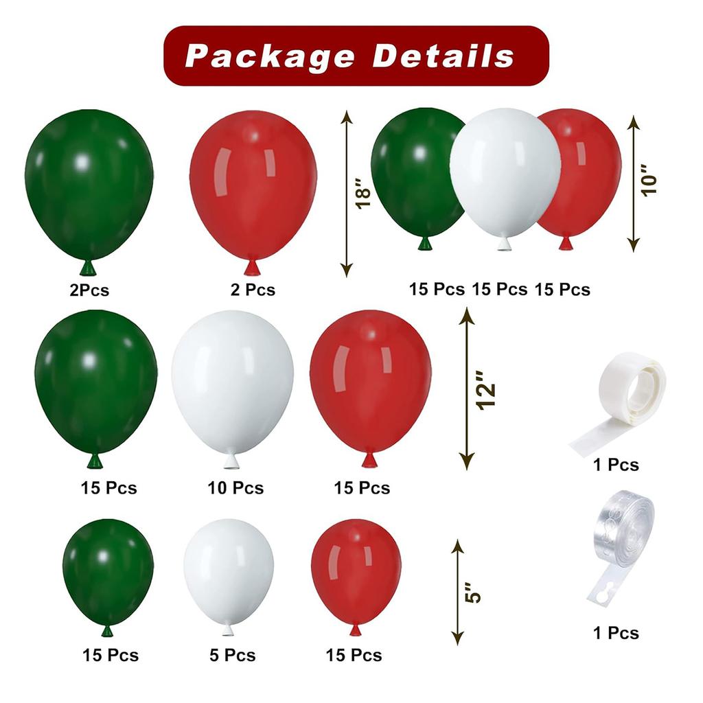 124 red, green, and white balloon arch sets suitable for birthday, Christmas, and New Year decorations