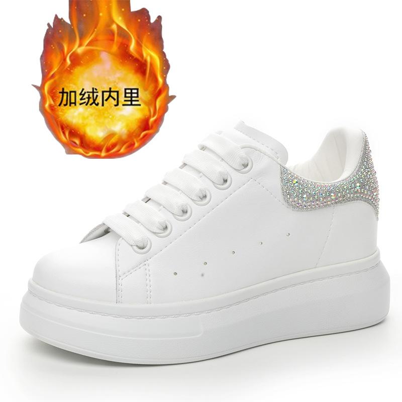 Leather Thick-soled Inner Height-increasing Women's Shoes Spring Versatile Sports and Leisure Single Shoes Round Head Student Rhinestones