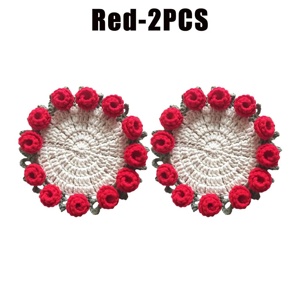 Hand Held Rose Bouquet Coasters Handmade Wool Crochet Cups Transformed Into Creative Birthday Gift Flower Coasters