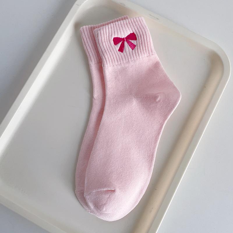 Socks, Pink Socks, Summer and Spring Mid-length Cotton Socks with Sweet Bows and Embroidery for Moisture Absorption and Odor Prevention.