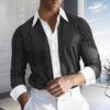 Yousheng Men Shirt Long Sleeve Lapel Design Shirt Tops with Buttons Placket Striped Print Patchwork Color Work Shirt