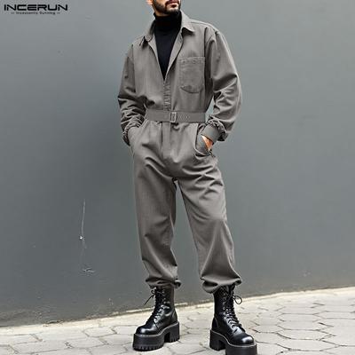 Herren Reverskragen Langarm Gürtel Einfarbig Lässig Knöpfe Lange Jumpsuits Overalls