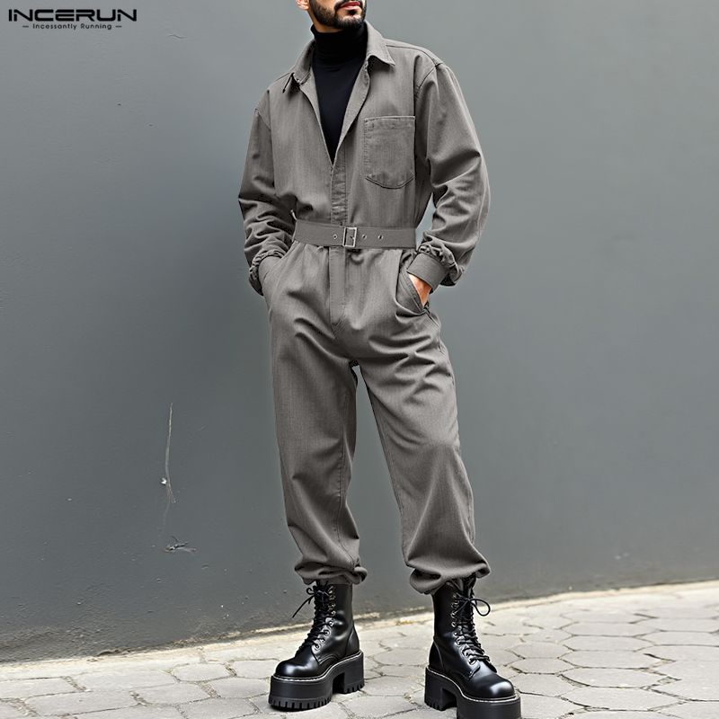 INCERUN Men Lapel Neck Long Sleeve Belt Solid Color Casual Buttons Long Jumpsuits Rompers