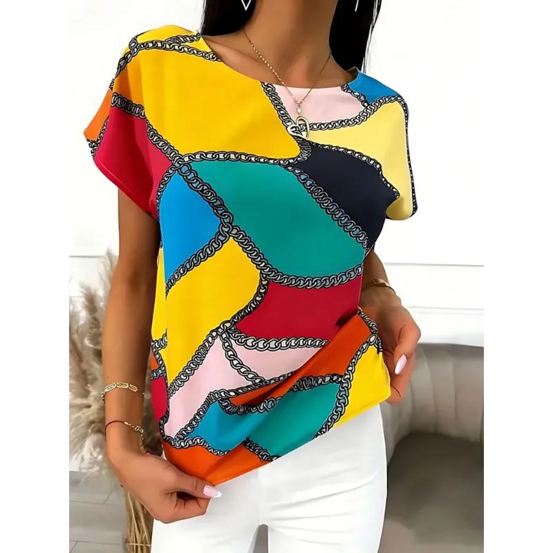 Fashion Women s Clothing Crew Neck Short Sleeve 3D Color Printing Striped Short Sleeve Crew Neck T Sleeve XS