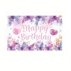 2D Watercolor Floral Happy Birthday Backdrop Purple Rose Pink Balloon Background
