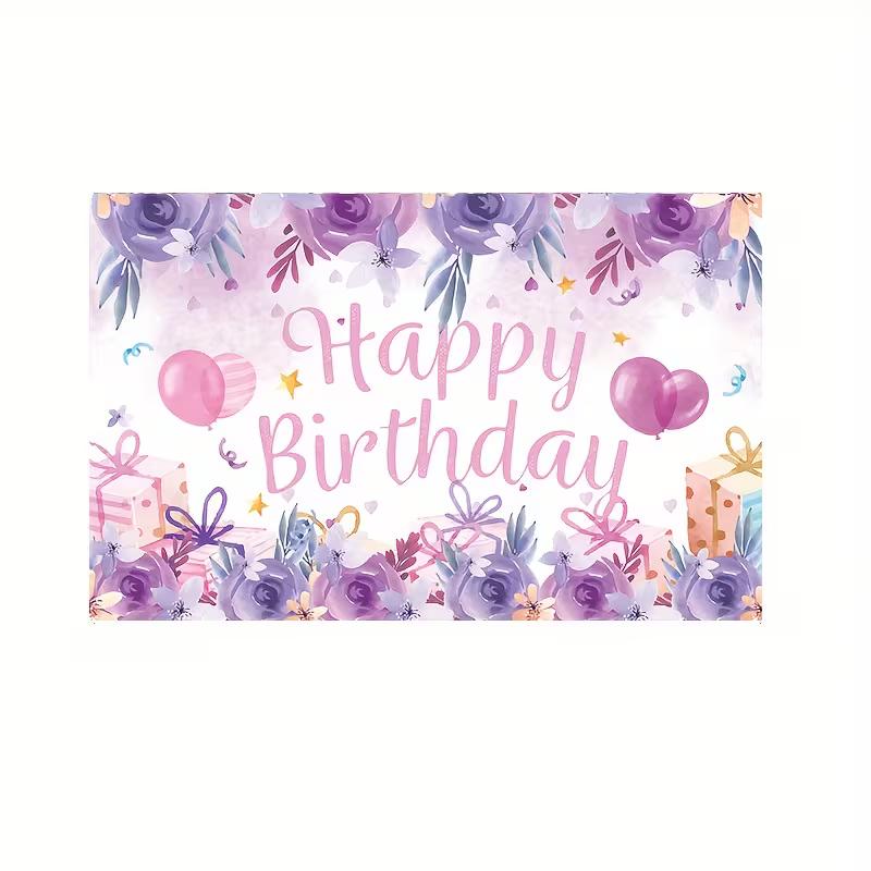 2D Watercolor Floral Happy Birthday Backdrop Purple Rose Pink Balloon Background