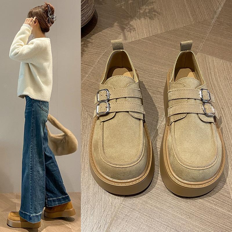 Women's Autumn New Double Belt Buckle Thick-soled Heightening Muffin Shoes Women's Single Shoes