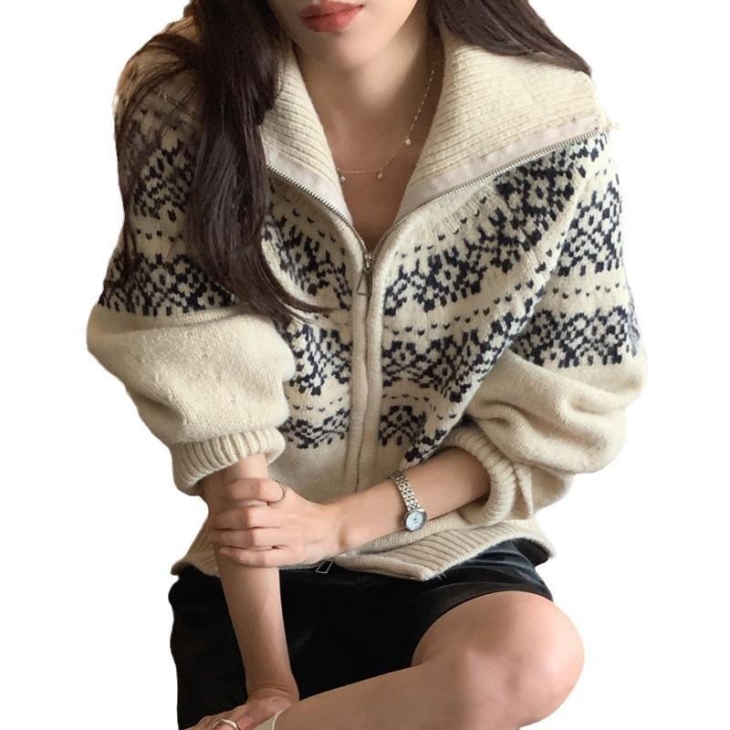 Fair Isle Jacquard Zipper Knitted Cardigan Autumn and Winter New Top Christmas Retro Sweater