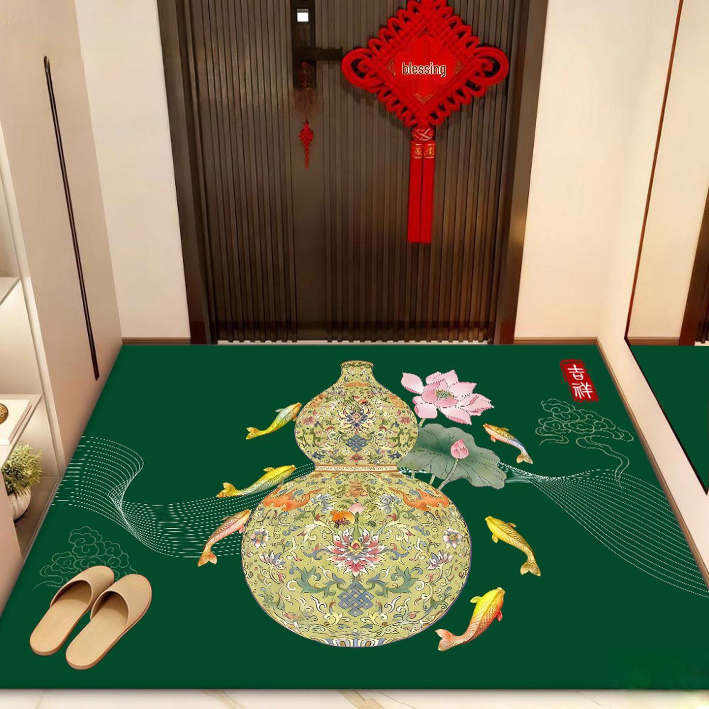 Chinese Six Fish Lotus Gourd Anti-slip Entrance Mat - Thick Blue Loop Pile Carpet 60x90 cm зелёный