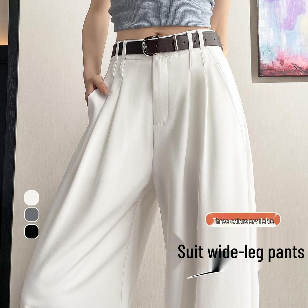 2026 Spring/Summer Women's High-Waisted Wide-Leg White Pants - Casual, Slimming, Lazy Style