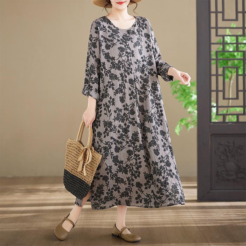 In-Stock Printed Cotton Plus Size Long-Sleeve Women's Dress with Round Neckline