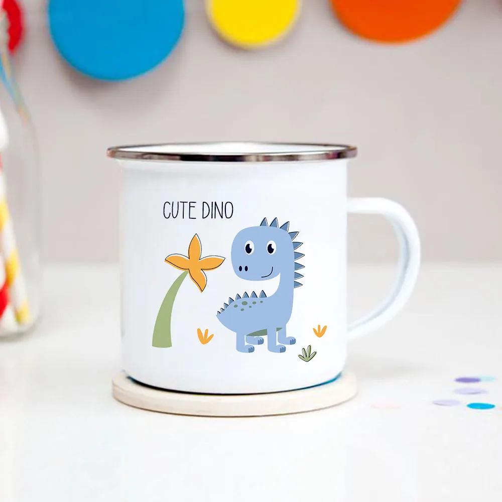 Happy Birthday Boys Girls Enamel Cocoa Mugs Home Party Cartoon Dinosaur Kids Drink Juice Cola Milk Cups Child Baby Birthday Gift