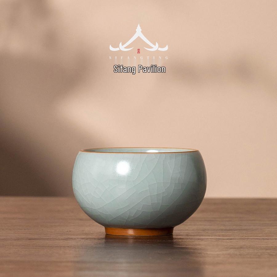 Handmade Ru Kiln Sky Blue Crackle-Glazed Ceramic Teacup for Gongfu Tea