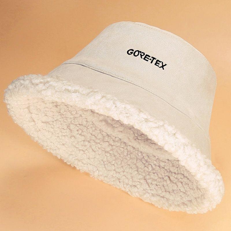 Oboustranný jehněčí plyšový rybářský klobouk ženy podzim zima japonský trend venkovní teplý klobouk bucket ležérní klobouk vyšívaný dopis