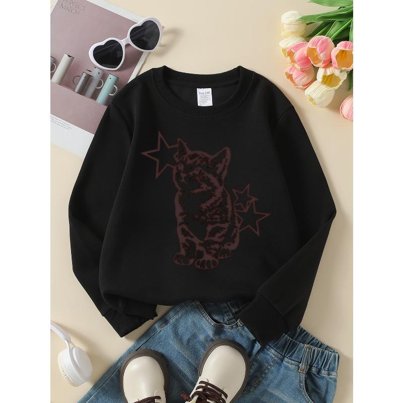 European sizes Kids' Crewneck Sweatshirt Cat with Stars Pattern Print , Sportswear And Casual Wear, Soft And Comfortable, Children's Clothing