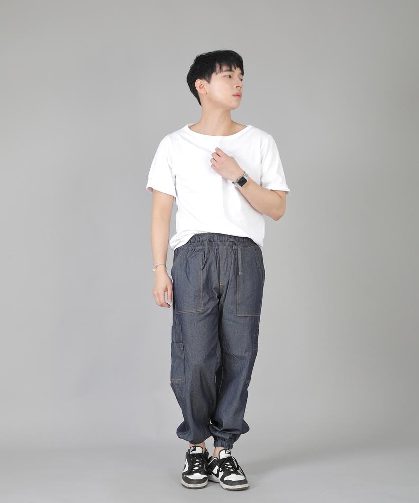 Seinteukeulu Two-Layer Wide Cargo Jogger Pants W2-308J Denim Light Indigo