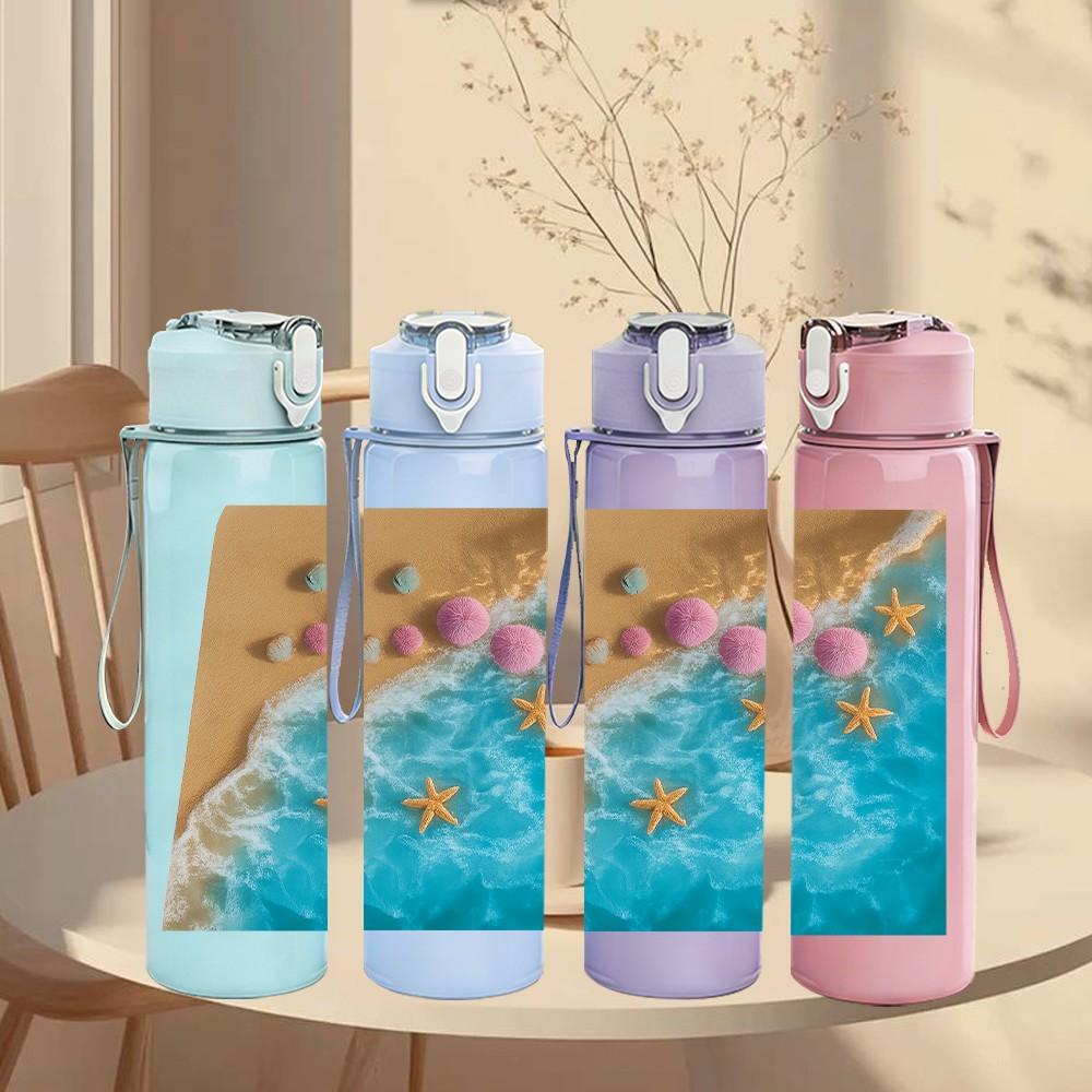 1PC Beach Ocean Sand Scene Art 750ml Color Plastic Sports Water Bottle Leakproof Flip Straw Lid Suitable for Sports Office Home Use